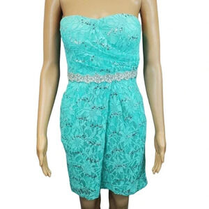 Jodi Kristopher Brand Green/teal Strapless Knee Length Lace Size 7 Formal Dress